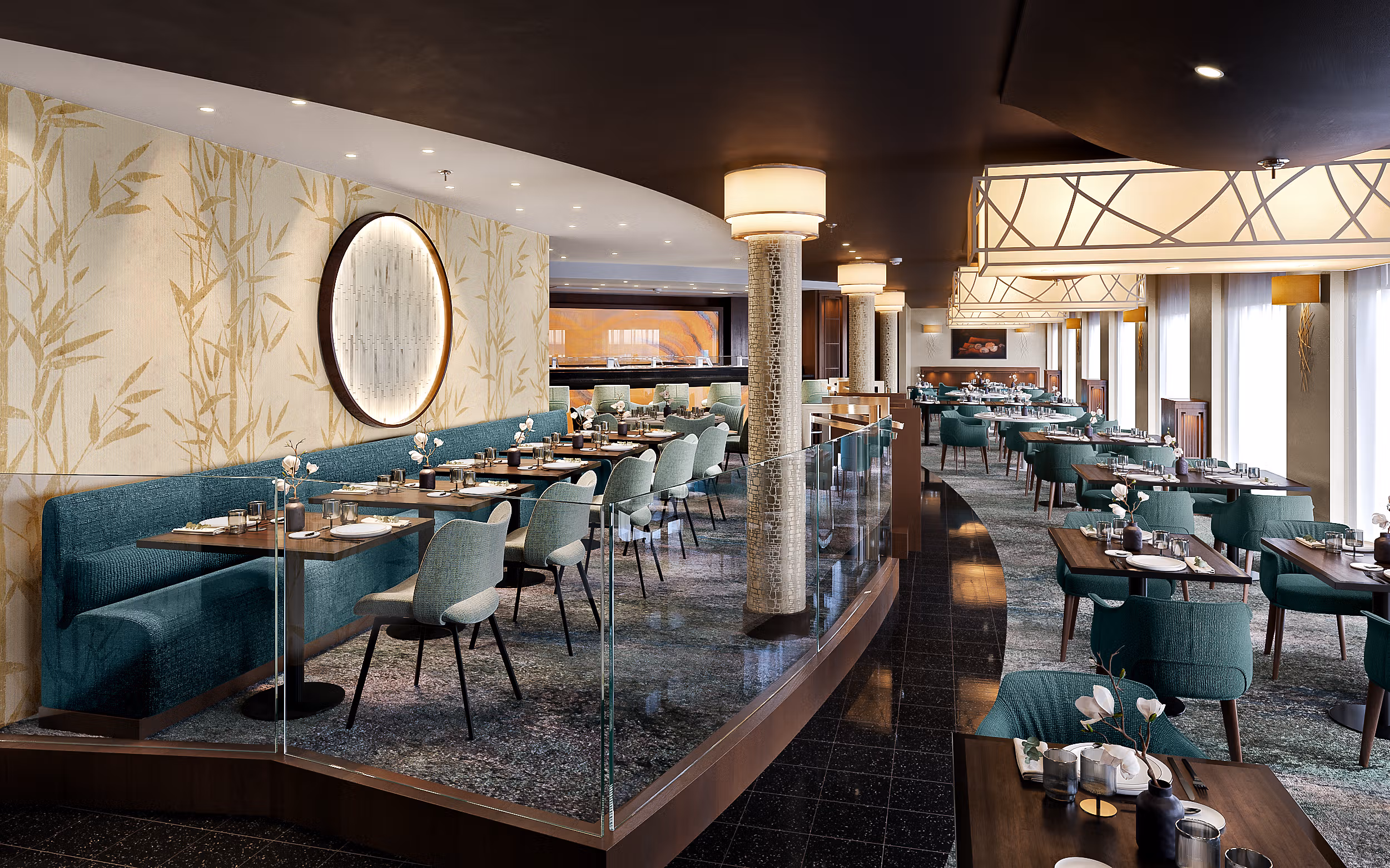 Tillberg’s use of the Mediterranean color palette plus their attention to details make Umi Uma one of the most coveted restaurants at sea.